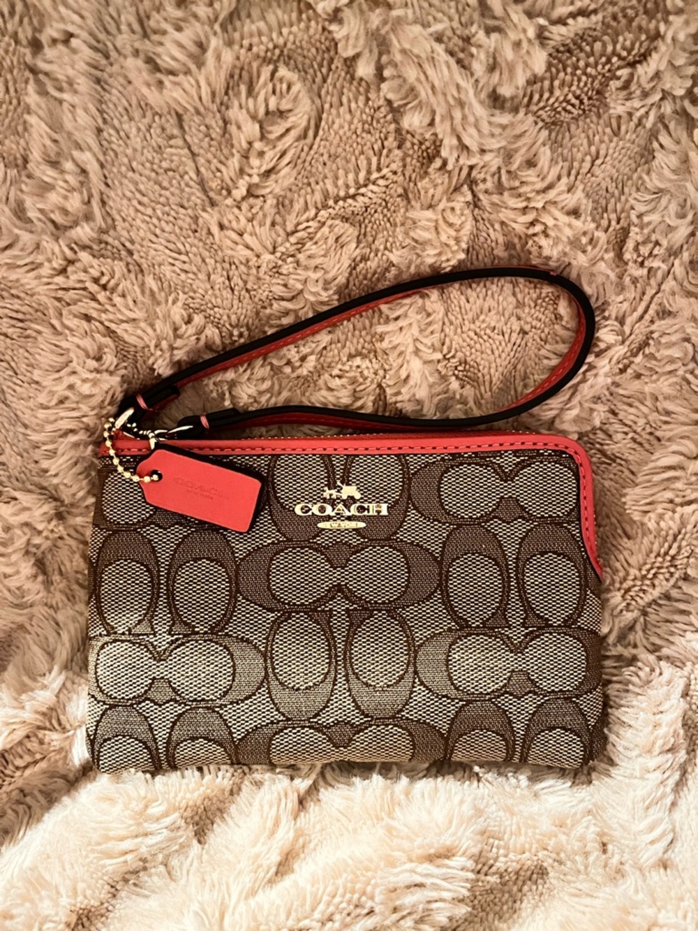 Coach Brown Signature Canvas Wristlet with Coral Trim